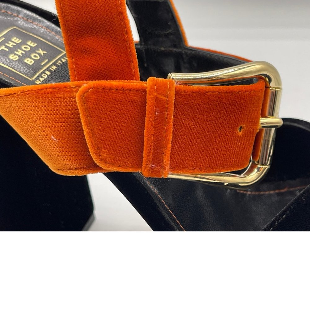 ALBERTO ZAGO VELVET 2-TONE PLATFORM SANDALS, CHUNKY HEELS, BLACK & ORANGE, SZ 39 - Picture 3 of 9